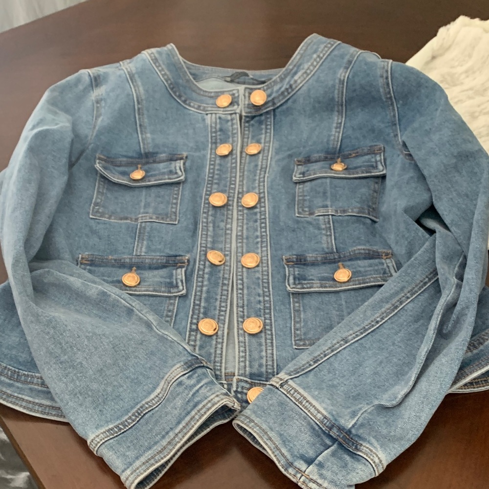 Women Denim Military-Style Jacket in Light Blue